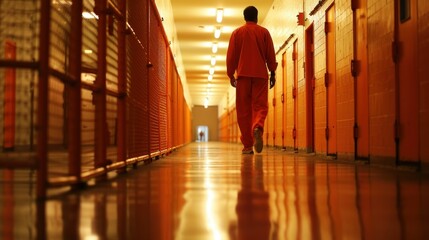 prisoner walking in orange uniform - obrazy, fototapety, plakaty