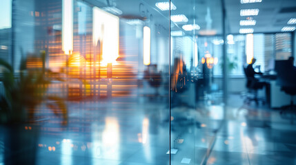 Blurred office with people working behind glass. Teamwork, healthy, ecological and business environment.