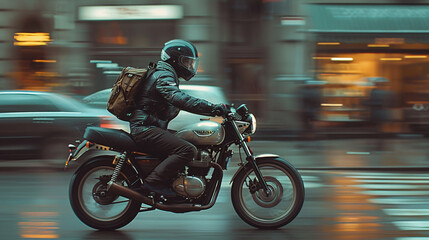 A delivery worker is speeding on a motorcycle in an urban area to deliver goods.