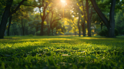 Green lawn and trees background with copyspace. Nature background concept. Generative AI - obrazy, fototapety, plakaty
