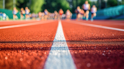 Close-up of a red running track with athletes' legs in motion, focused on the white lane lines at sunrise.