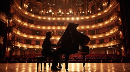Elegant young man playing a piano on stage with spotlights