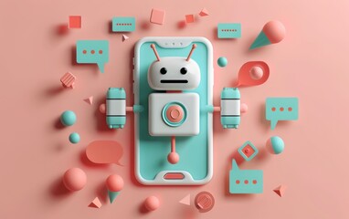 Cartoon Illustration of Chatbot Interface with Message Bubbles on Smartphone Screen