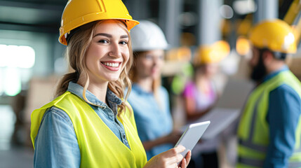 A cheerful female engineer with a tablet wearing a yellow hard hat at a construction site, colleagues in the background.