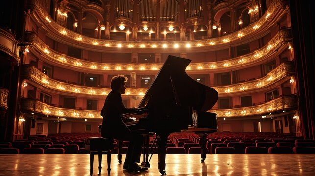 Elegant young man playing a piano on stage with spotlights