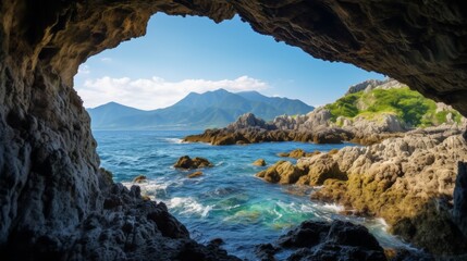 Cave to rough mountain ridge located near coast