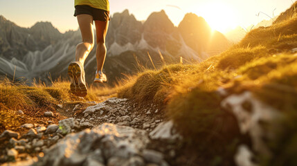 Trail runner's legs in motion on a mountain path at sunset, with a dramatic alpine background.