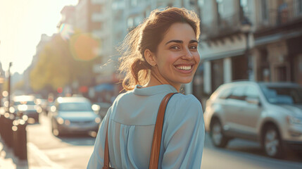 Joyful young woman with a carefree smile walking on a bustling city street, enjoying urban life.