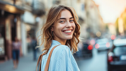 Joyful young woman with a carefree smile walking on a bustling city street, enjoying urban life. - obrazy, fototapety, plakaty