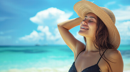 Radiant young woman in a swimsuit and sunhat, enjoying the sunshine on a serene beach.