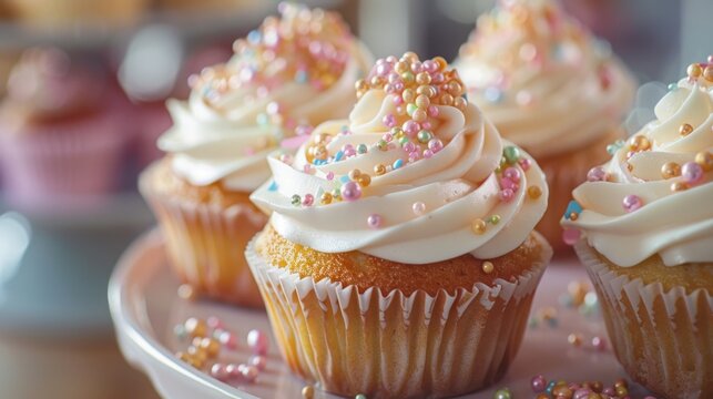 Cupcakes with pearl sprinkles, suited for bakery promotions, dessert recipes, and culinary websites.