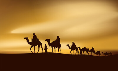 Fototapeta na wymiar Silhouette camels with man walking , travel in sunset desert landscape vector illustration background.