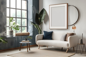 Light guest room interior with armchair and sofa near window, mockup poster