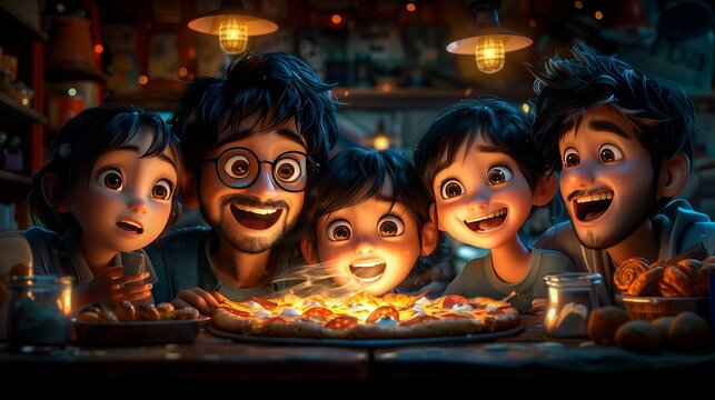 Happy fictional characters gather around a pizza, smiling and enjoying the event