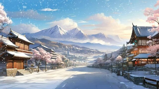 Animated background of winter scenery in Asian countries. Background motion.