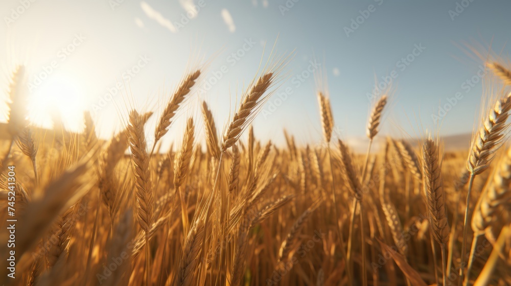 Poster generative ai expansive wheat fields bathed in golden sunlight, showcasing the ripening wheat crops 