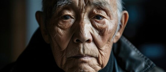 An old Asian man with deep wrinkles on his face gazes directly at the camera, exuding wisdom and grace in his expression.