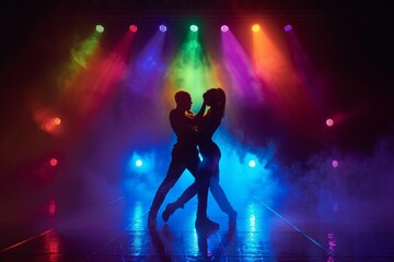 Obraz premium Two Performers Engaged in an Intense Theatrical Dance on Stage Under Bright Stage Lights