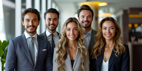 Obraz premium group of young confident and handsome businessmen with a friendly smile and young bueatiful businesswomen with a friendly smile.