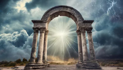 Fotobehang Oude deur Old arch with pillars, portal to another world, magical place. Ancient runes. Natural landscape.