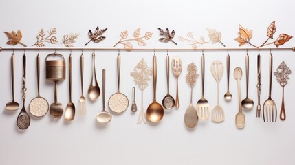 Generative AI Feminine sticker art of kitchen utensils, adorned with delicate maple leaf designs, hanging on a white and bronze-themed wall