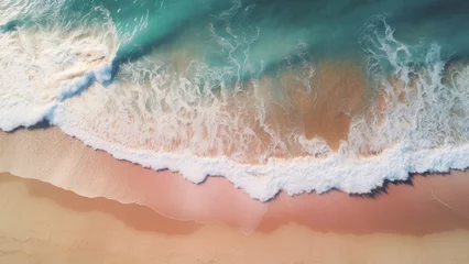 Deurstickers Aerial view of a pristine beach with foamy waves gently caressing the sandy shore. © VK Studio