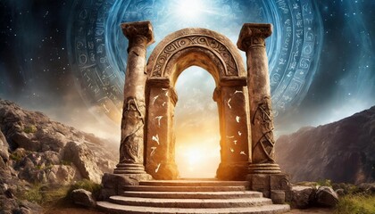 Old arch with pillars, portal to another world, magical place. Ancient runes. Natural landscape.