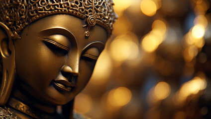 Close-up of a serene Buddha statue with a golden bokeh.