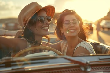 Joyful Woman Driving with Female Companion Leaning on Her Shoulder in a Vintage Car on a Sunny Road Trip