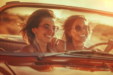 Joyful Woman Driving with Female Companion Leaning on Her Shoulder in a Vintage Car on a Sunny Road Trip