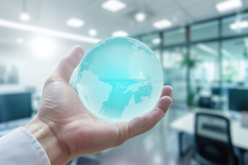 Hand holding a transparent globe , set against a defocused office environment, conveying the interconnectedness of global business through technology