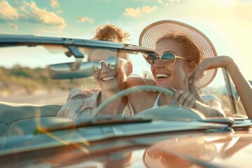 Joyful Woman Driving with Female Companion Leaning on Her Shoulder in a Vintage Car on a Sunny Road Trip
