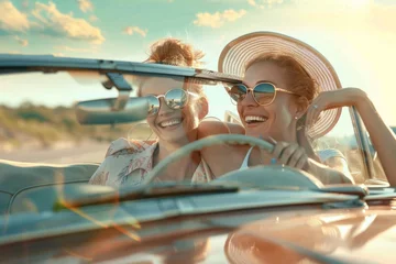 Papier Peint photo autocollant Voitures anciennes Joyful Woman Driving with Female Companion Leaning on Her Shoulder in a Vintage Car on a Sunny Road Trip