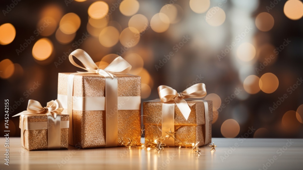 Fototapete generative ai hyper-realistic scene showcasing stylishly wrapped white and gold christmas gifts plac