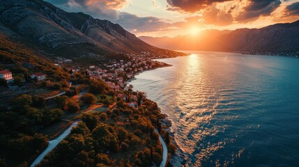 Generative AI Iconic bay curves, drone's altitude, sun setting, serene coastal scenery, high-definition sunset tableau in Boka Kotor Bay - obrazy, fototapety, plakaty