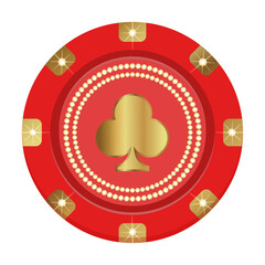  Round vector winning red and gold casino chip with glitter, expensively decorated with diamonds. Flat vector illustration.
