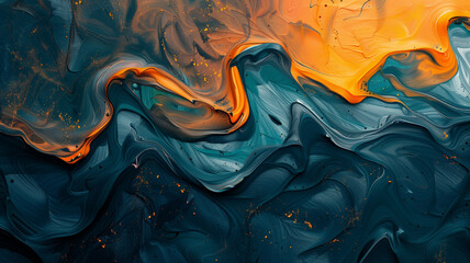 Obraz premium abstract background with a fluid brushstroke pattern, where the colors transition smoothly from a luminous orange to a deep teal.
