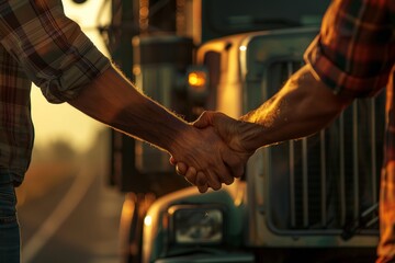 Friendly Handshake Between Two Truck Drivers with Open Semi-Truck Cab Door in the Background
