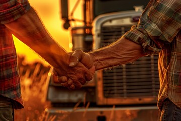 Fototapeta na wymiar Friendly Handshake Between Two Truck Drivers with Open Semi-Truck Cab Door in the Background