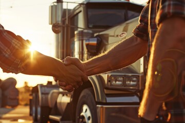 Friendly Handshake Between Two Truck Drivers with Open Semi-Truck Cab Door in the Background