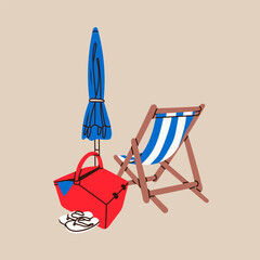 Beach chair or wooden deck chair, sun umbrella, picnic basket, sunbed. Hand drawn Vector illustration. Trendy unique style. Isolated design element. Vacation, relax, holiday concept - 745242702