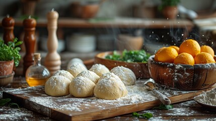 a wooden cutting board topped with dough and a bowl of oranges on a table - obrazy, fototapety, plakaty