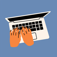 Human hands typing on laptop keyboard, top view. Computing, working online, freelancing, education concept. Hand drawn Vector illustration. Isolated design element. Logo, icon template - 745243150
