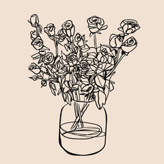 Outline Rose bouquet in a glass vase or jar. Hand drawn Vector illustration. Elegant one continuous line style. Isolated floral design element. Poster, print, card, decoration template - 745243185