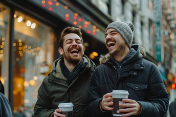 Two Male Friends Enjoying Coffee and Laughter Outdoors in an Urban Setting