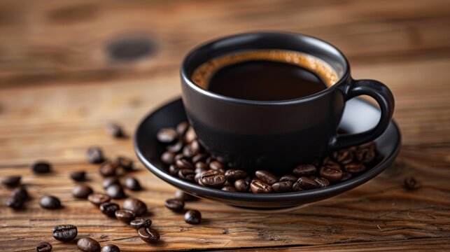 Espresso, coffee, in dark cup with beans on dark wood surface. Breakfast. Coffee. Espresso. Caffeine. 