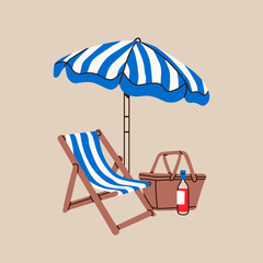 Beach chair or wooden deck chair, sun umbrella, picnic basket, sunbed. Hand drawn Vector illustration. Trendy unique style. Isolated design element. Vacation, relax, holiday concept - 745243505