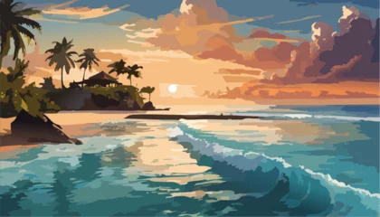Deurstickers Tropical landscape with ocean and palm trees.  Ai generated © Gnevkovska