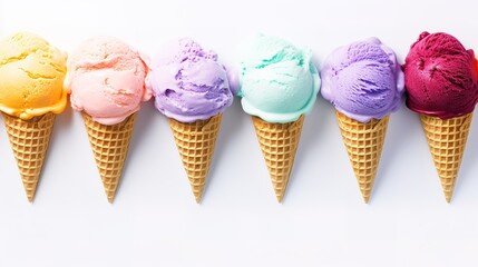 colored ice cream in waffle cups on a white background, fruit and sweet ice cream