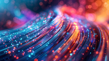 intricately layered colored electric cables and LEDs, with optical fibers casting a radiant glow. - obrazy, fototapety, plakaty
